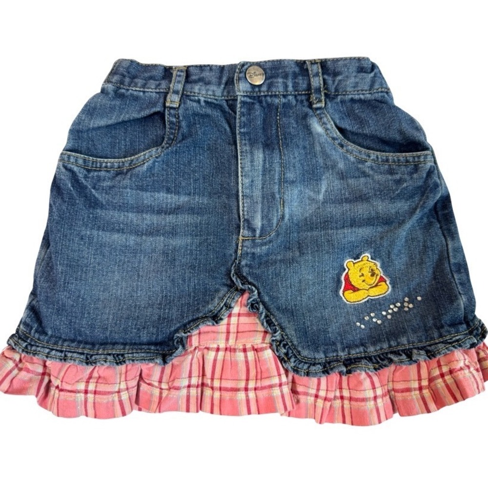 Disney Winnie the Pooh Girls Blue Denim Pink Plaid Ruffle Skirt Age 3 Rhinestone